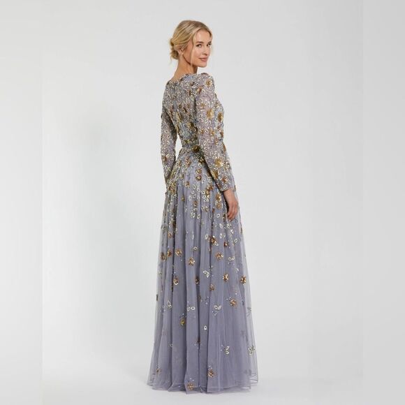 Mac Duggal 5533 Platinum Embellished High Neck Long Sleeve A Line Gown Dress - Picture 4 of 13